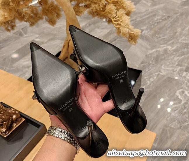 Good Looking Balenciaga Cagole 9cm Mules in Oil Leather with Stud Buckle Black/Aged Silver 113058