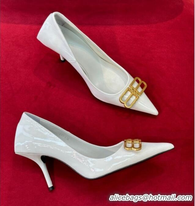 Luxury Balenciaga Patent Calfskin Square Knife BB High Heel Pumps 8cm White 122220