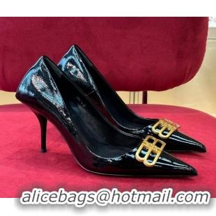 Fashion Balenciaga Patent Calfskin Square Knife BB High Heel Pumps 8cm Black 122221