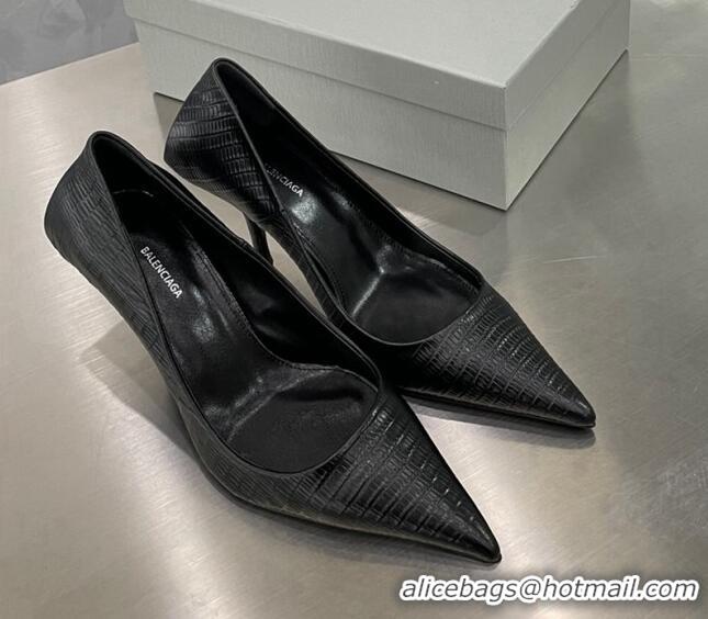 Popular Style Balenciaga Square Knife Pumps 8.5cm in Embossed Leather Black 122601