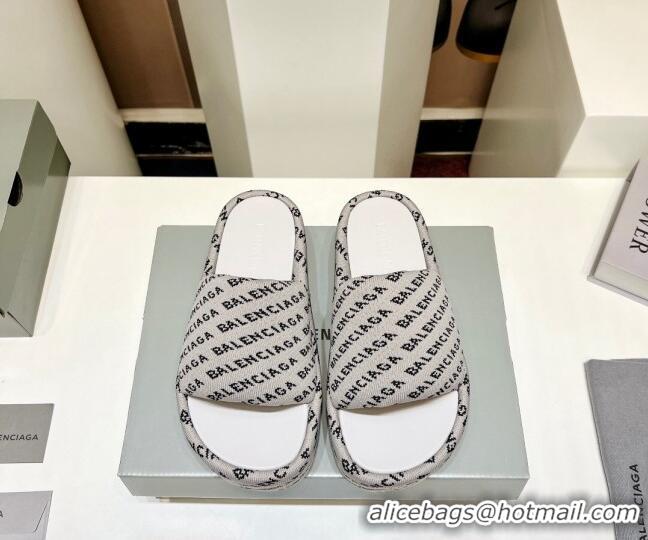 Top Design Balenciaga Logo Knit Platform Slide Sandals 5cm Grey 030354