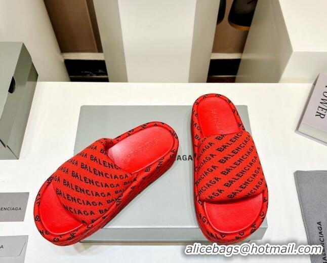 Luxury Balenciaga Logo Knit Platform Slide Sandals 5cm Red 030355