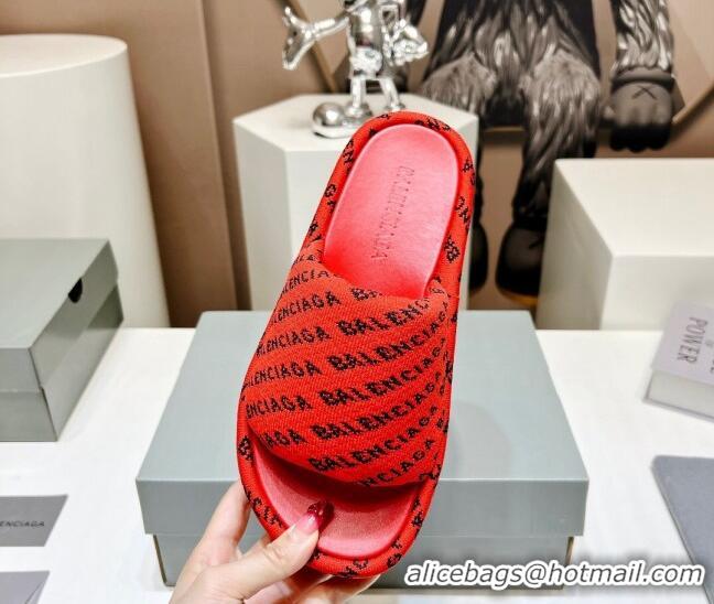 Luxury Balenciaga Logo Knit Platform Slide Sandals 5cm Red 030355