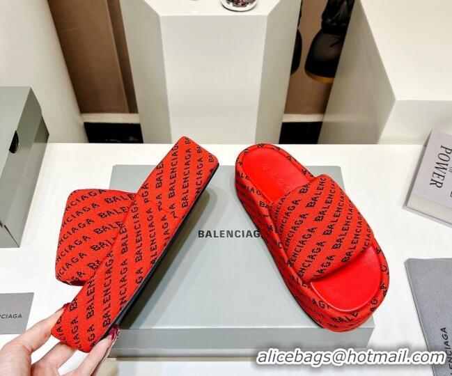 Luxury Balenciaga Logo Knit Platform Slide Sandals 5cm Red 030355