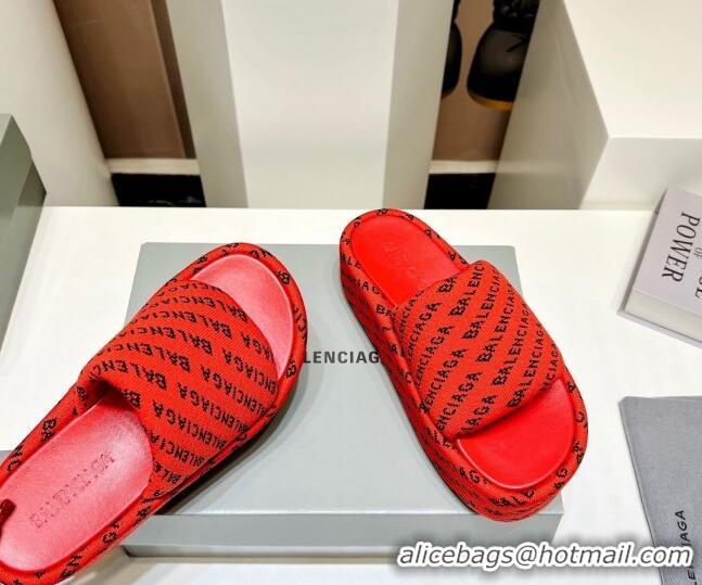 Luxury Balenciaga Logo Knit Platform Slide Sandals 5cm Red 030355