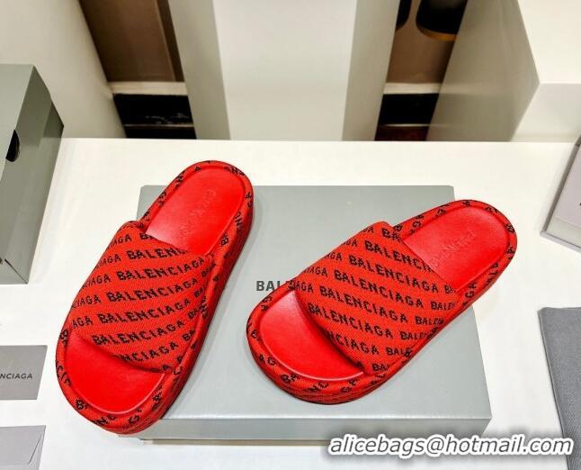 Luxury Balenciaga Logo Knit Platform Slide Sandals 5cm Red 030355