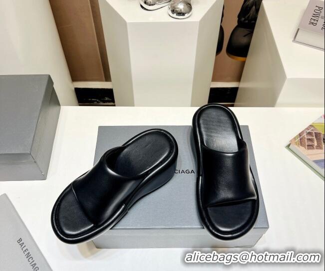 Grade Quality Balenciaga Leather Wedge Slide Sandals 7cm Black 0329003