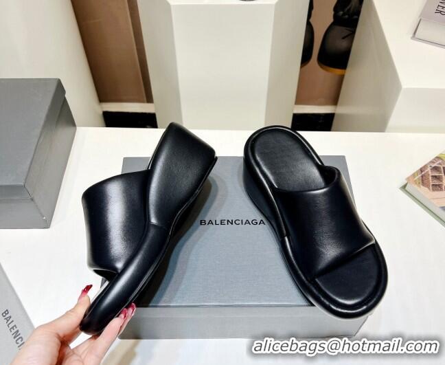 Grade Quality Balenciaga Leather Wedge Slide Sandals 7cm Black 0329003