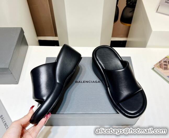 Grade Quality Balenciaga Leather Wedge Slide Sandals 7cm Black 0329003