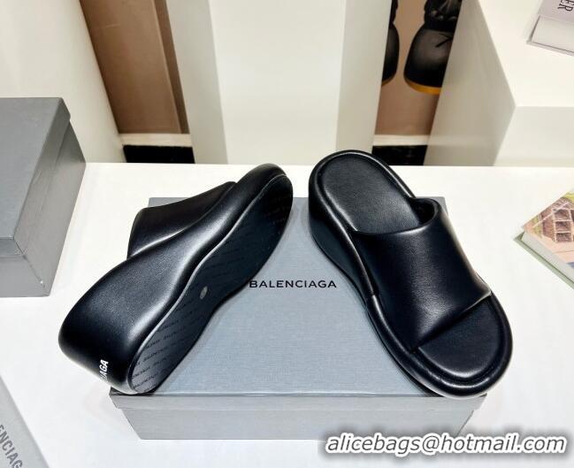 Grade Quality Balenciaga Leather Wedge Slide Sandals 7cm Black 0329003