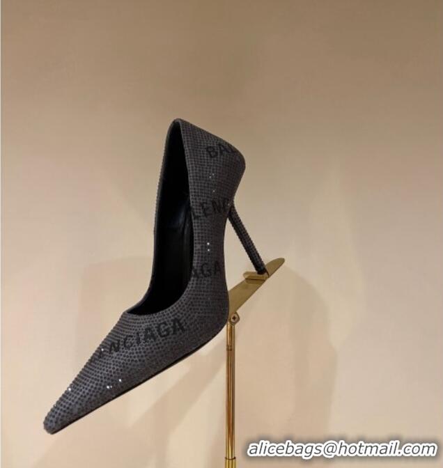 Low Price Balenciaga Square Knife Pumps 10.5cm with Allover Logo Crystals Grey 0331035