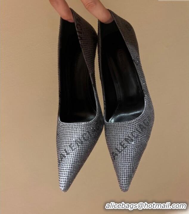 Low Price Balenciaga Square Knife Pumps 10.5cm with Allover Logo Crystals Grey 0331035