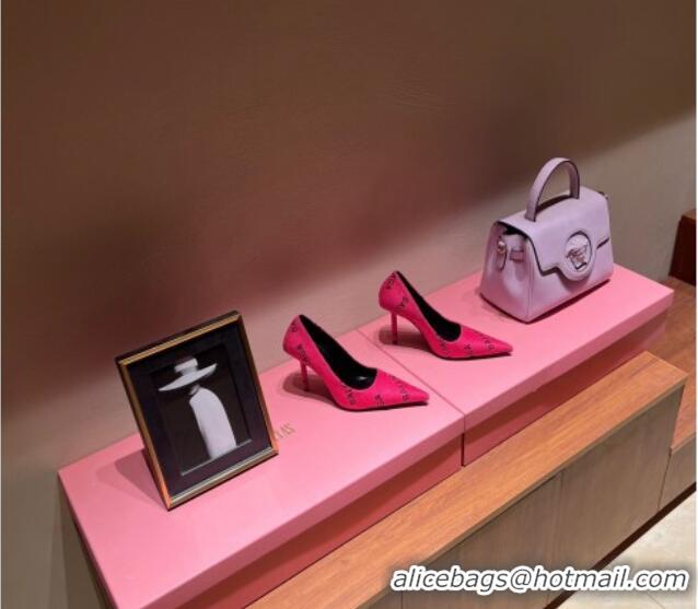 Best Grade Balenciaga Square Knife Pumps 10.5cm with Allover Logo Crystals Dark Pink 0331036