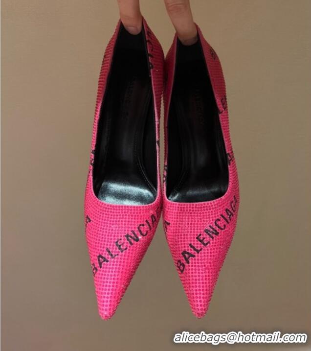 Best Grade Balenciaga Square Knife Pumps 10.5cm with Allover Logo Crystals Dark Pink 0331036