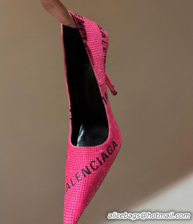 Best Grade Balenciaga Square Knife Pumps 10.5cm with Allover Logo Crystals Dark Pink 0331036