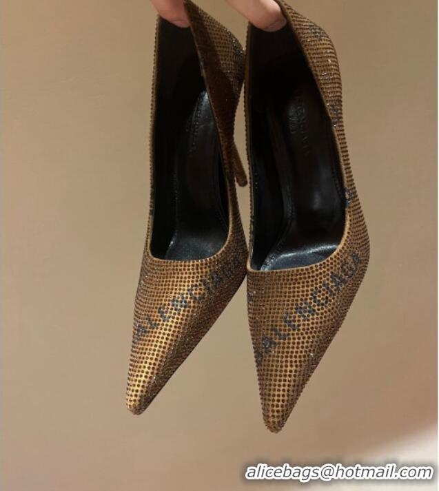 Good Quality Balenciaga Square Knife Pumps 10.5cm with Allover Logo Crystals Gold 0331037