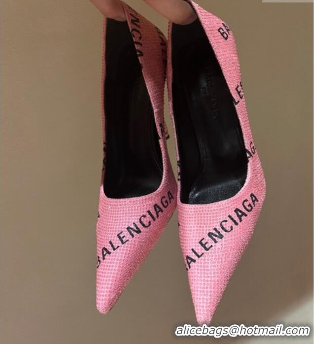 Luxury Balenciaga Square Knife Pumps 10.5cm with Allover Logo Crystals Light Pink 331038