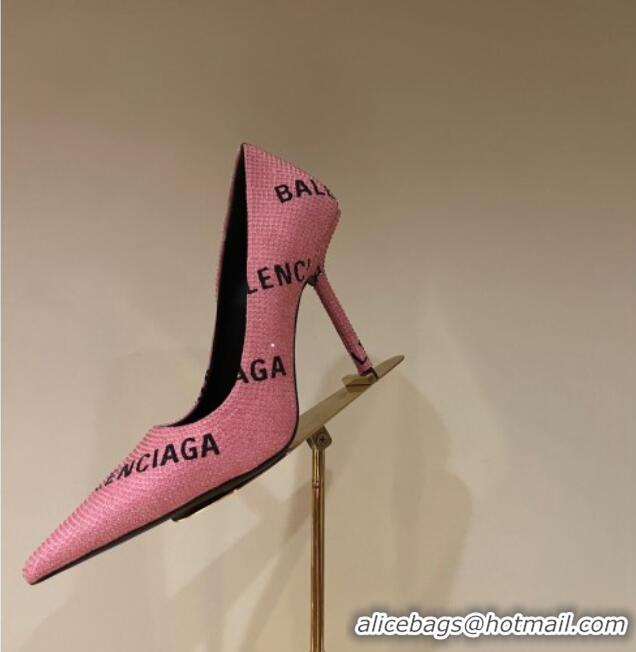 Luxury Balenciaga Square Knife Pumps 10.5cm with Allover Logo Crystals Light Pink 331038