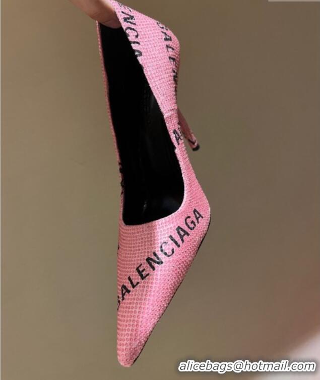 Luxury Balenciaga Square Knife Pumps 10.5cm with Allover Logo Crystals Light Pink 331038