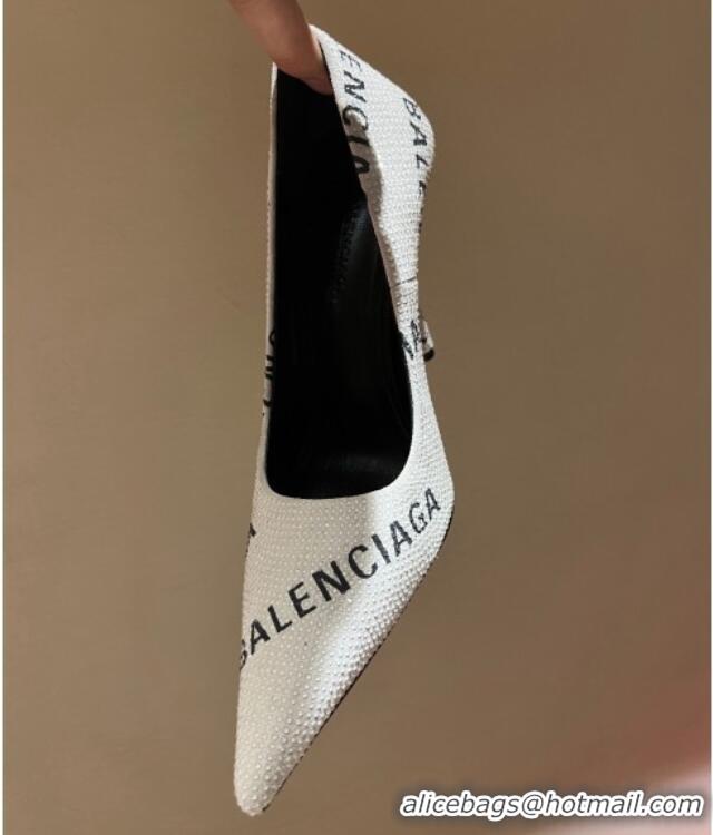 Cheap Price Balenciaga Square Knife Pumps 10.5cm with Allover Logo Crystals White 0331039