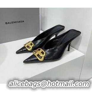 Classic Hot Balenciaga Square Knife BB Mules 8.5cm in Black Fake Phyton Calfskin 0331041