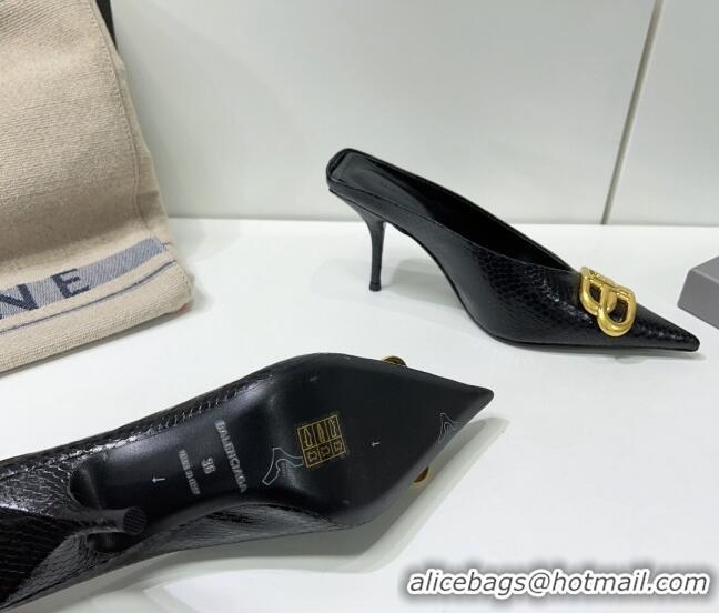 Classic Hot Balenciaga Square Knife BB Mules 8.5cm in Black Fake Phyton Calfskin 0331041