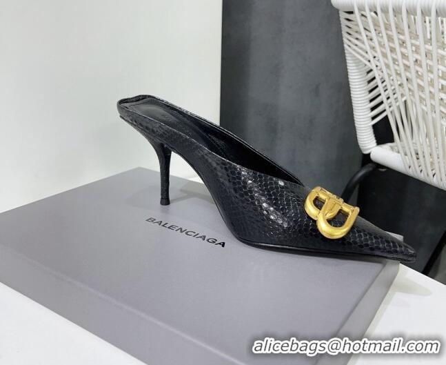 Classic Hot Balenciaga Square Knife BB Mules 8.5cm in Black Fake Phyton Calfskin 0331041