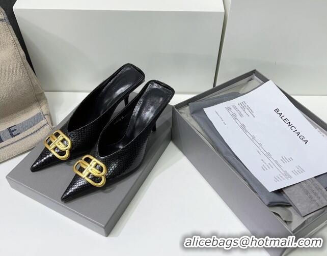 Classic Hot Balenciaga Square Knife BB Mules 8.5cm in Black Fake Phyton Calfskin 0331041