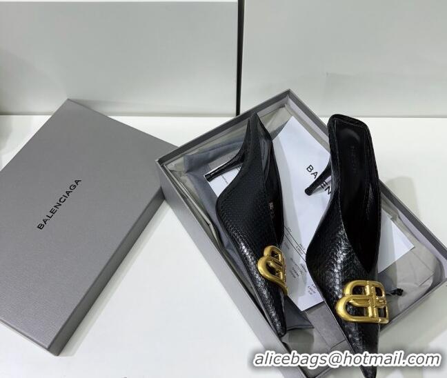 Classic Hot Balenciaga Square Knife BB Mules 8.5cm in Black Fake Phyton Calfskin 0331041