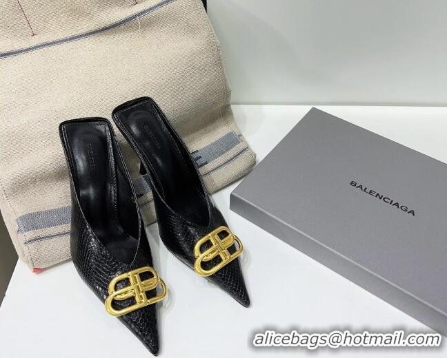 Classic Hot Balenciaga Square Knife BB Mules 8.5cm in Black Fake Phyton Calfskin 0331041