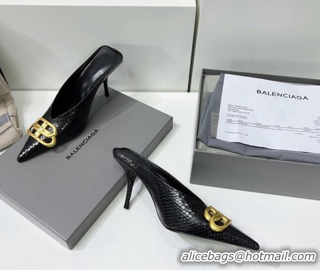 Classic Hot Balenciaga Square Knife BB Mules 8.5cm in Black Fake Phyton Calfskin 0331041