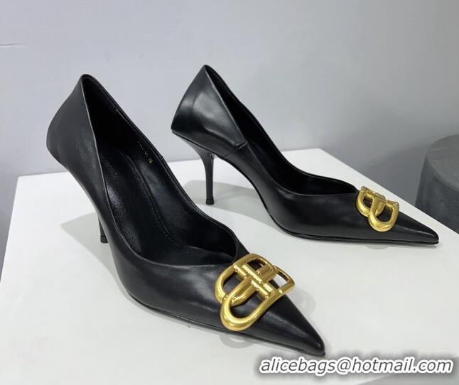 Good Quality Balenciaga Square Knife BB Pumps 8.5cm in Black Shiny Lambskin 0331042