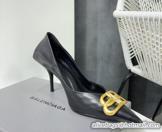 Good Quality Balenciaga Square Knife BB Pumps 8.5cm in Black Shiny Lambskin 0331042