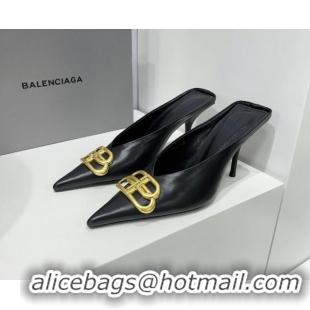 Luxurious Balenciaga Square Knife BB Mules 8.5cm in Black Shiny Lambskin 0331043