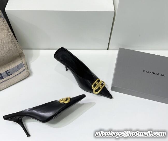 Luxurious Balenciaga Square Knife BB Mules 8.5cm in Black Shiny Lambskin 0331043