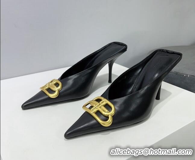 Luxurious Balenciaga Square Knife BB Mules 8.5cm in Black Shiny Lambskin 0331043