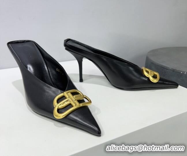 Luxurious Balenciaga Square Knife BB Mules 8.5cm in Black Shiny Lambskin 0331043