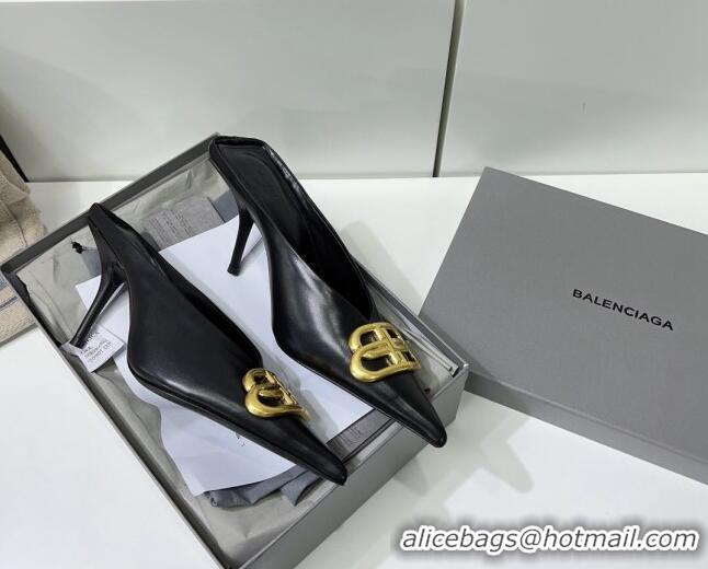 Luxurious Balenciaga Square Knife BB Mules 8.5cm in Black Shiny Lambskin 0331043