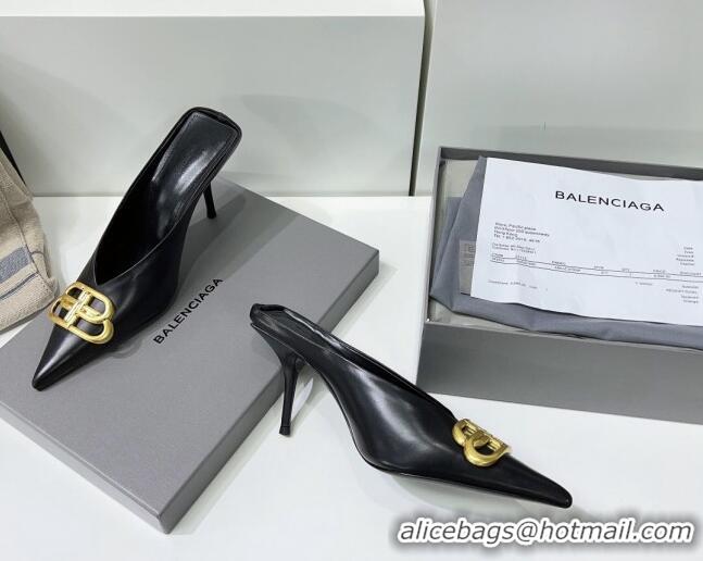 Luxurious Balenciaga Square Knife BB Mules 8.5cm in Black Shiny Lambskin 0331043