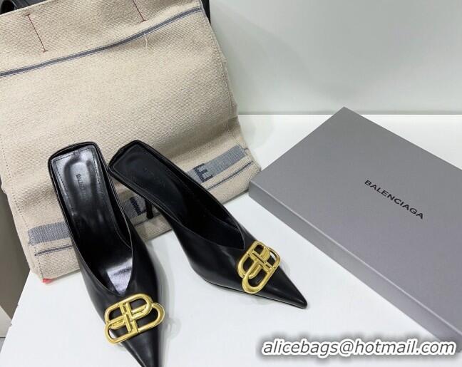 Luxurious Balenciaga Square Knife BB Mules 8.5cm in Black Shiny Lambskin 0331043