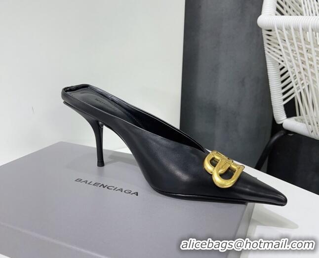 Luxurious Balenciaga Square Knife BB Mules 8.5cm in Black Shiny Lambskin 0331043