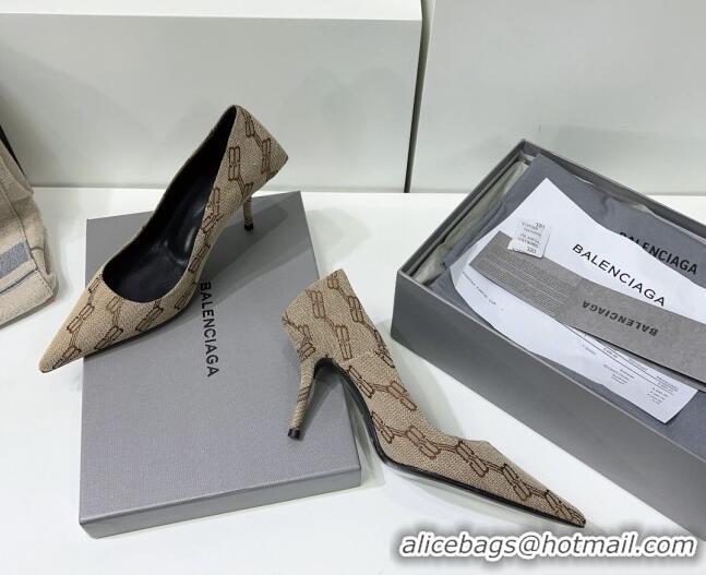 Trendy Design Balenciaga Square Knife BB Pumps 8.5cm in Beige and Brown BB Monogram Jacquard 0331044