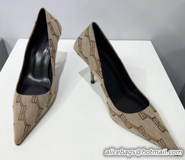 Trendy Design Balenciaga Square Knife BB Pumps 8.5cm in Beige and Brown BB Monogram Jacquard 0331044