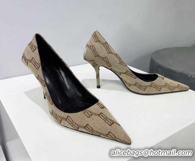 Trendy Design Balenciaga Square Knife BB Pumps 8.5cm in Beige and Brown BB Monogram Jacquard 0331044