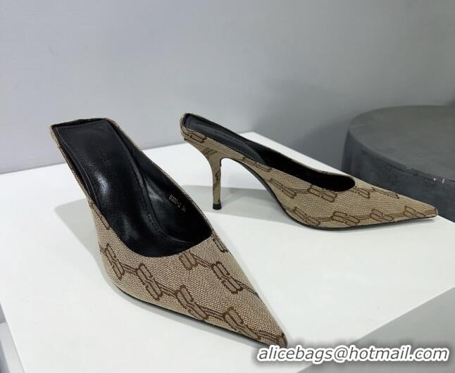 Sophisticated Balenciaga Square Knife BB Mules 8.5cm in Beige and Brown BB Monogram Jacquard 331045