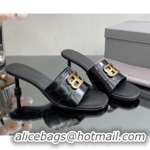 Good Looking Balenciaga BB Medium Heel Slide Sandals 5.5cm in Stone Embossed Calfskin Black 0331048