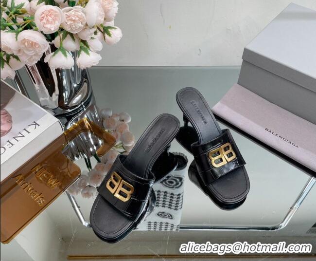 Good Looking Balenciaga BB Medium Heel Slide Sandals 5.5cm in Stone Embossed Calfskin Black 0331048