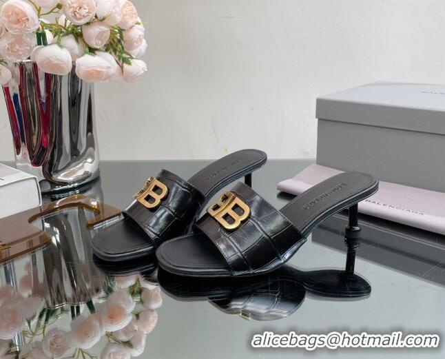 Good Looking Balenciaga BB Medium Heel Slide Sandals 5.5cm in Stone Embossed Calfskin Black 0331048