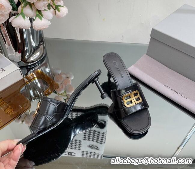 Good Looking Balenciaga BB Medium Heel Slide Sandals 5.5cm in Stone Embossed Calfskin Black 0331048