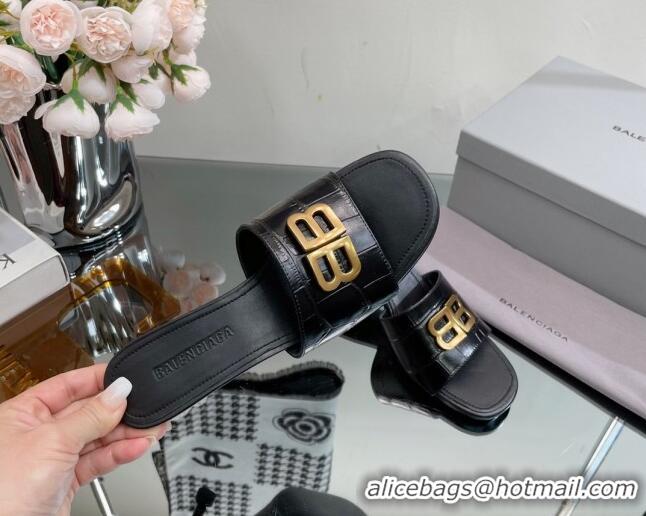 Good Looking Balenciaga BB Medium Heel Slide Sandals 5.5cm in Stone Embossed Calfskin Black 0331048